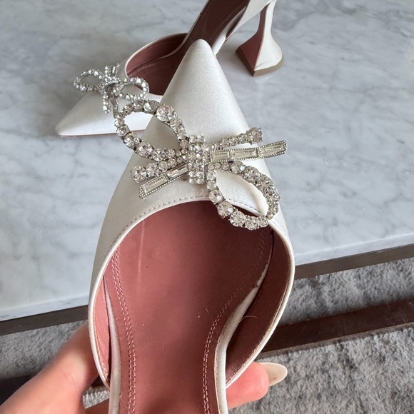 Amina Muaddi White Satin Heels with Crystal Bow - Picture 4 of 6